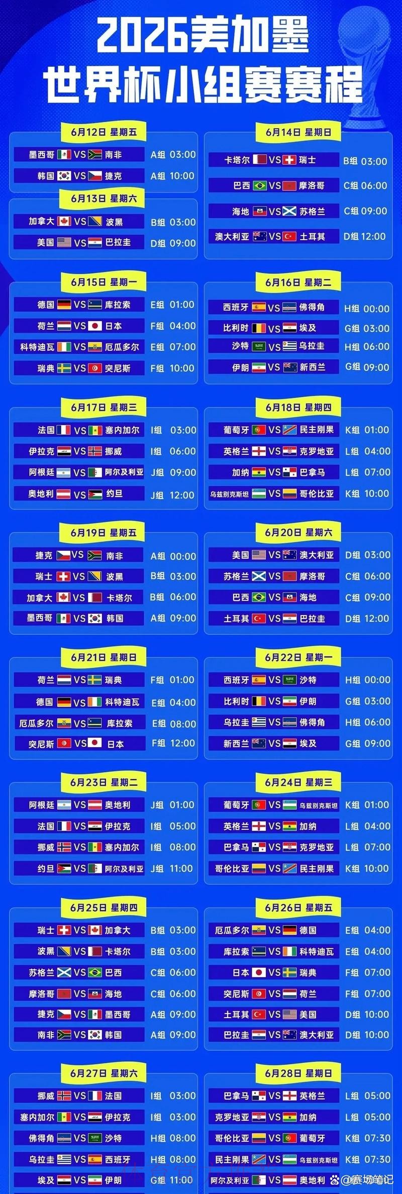2026世界杯完整比赛日程安排表